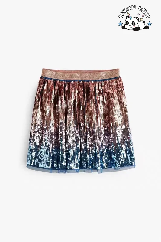 LEZONKIDS - Saia Mini Saia de Tule de Cintura Elástica com Lantejoulas Múltiplas e Fendas para Festa para Meninas Personalizável de Moda Nova